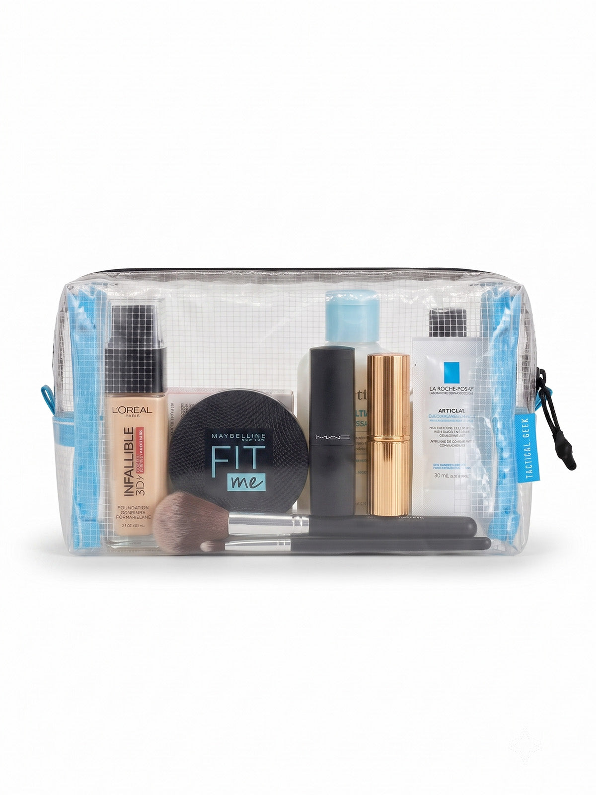 HS4 clear electronics organizer pouch holding toiletries and small essentials