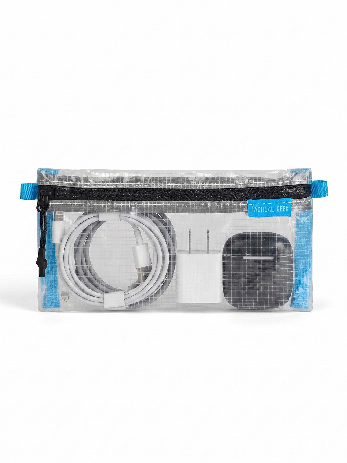 HS5 clear slim organizer pouch holding a cable and compact electronics