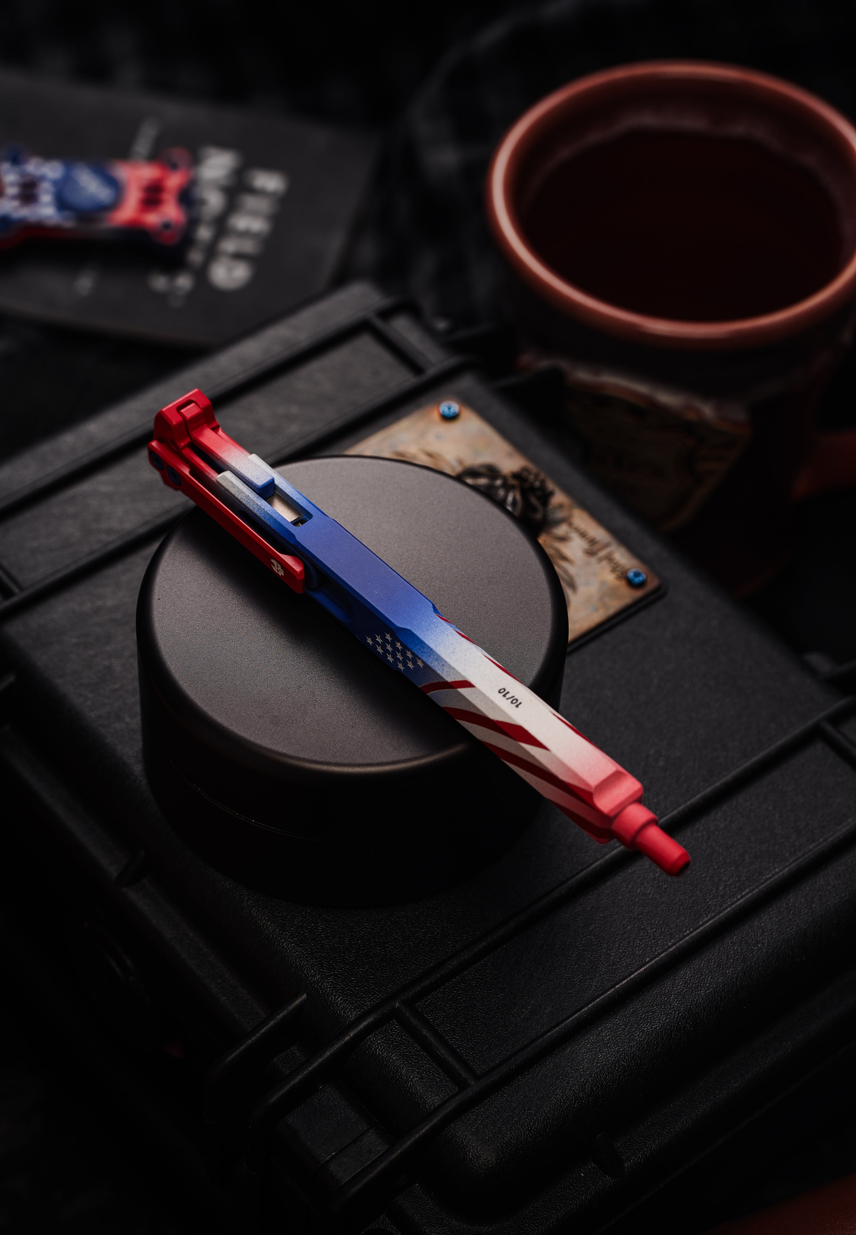 TActuator12 Old Glory tactical pen, angled top view