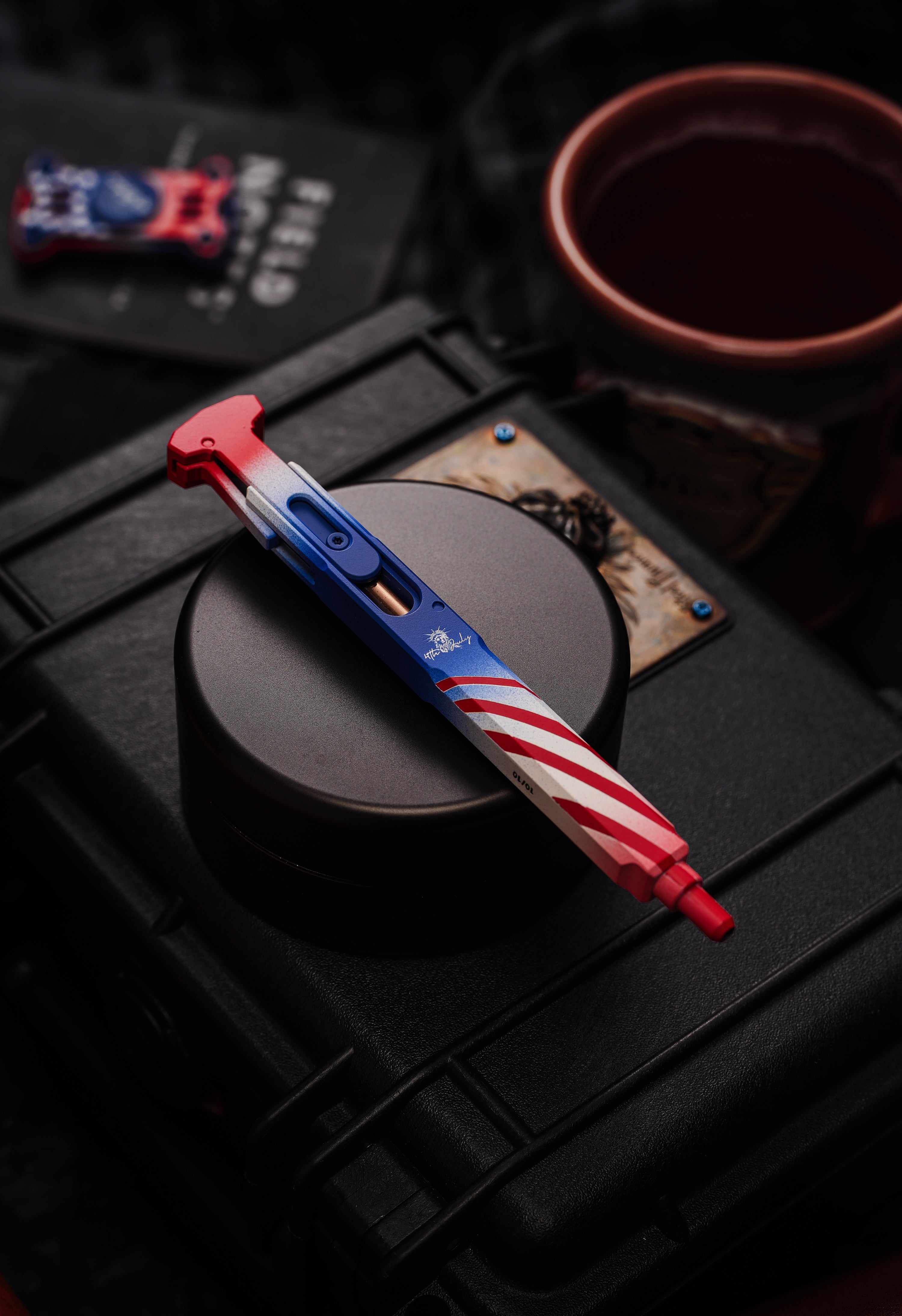 TActuator12 Old Glory pen with pocket clip facing up