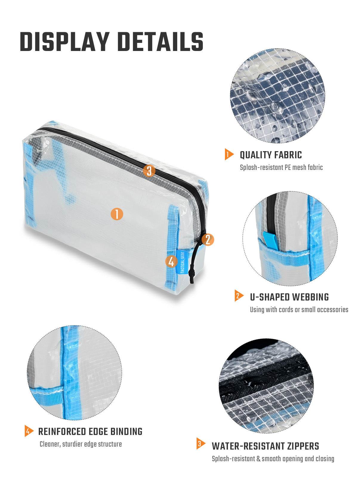 HS4 clear electronics organizer pouch zipper, binding and fabric details