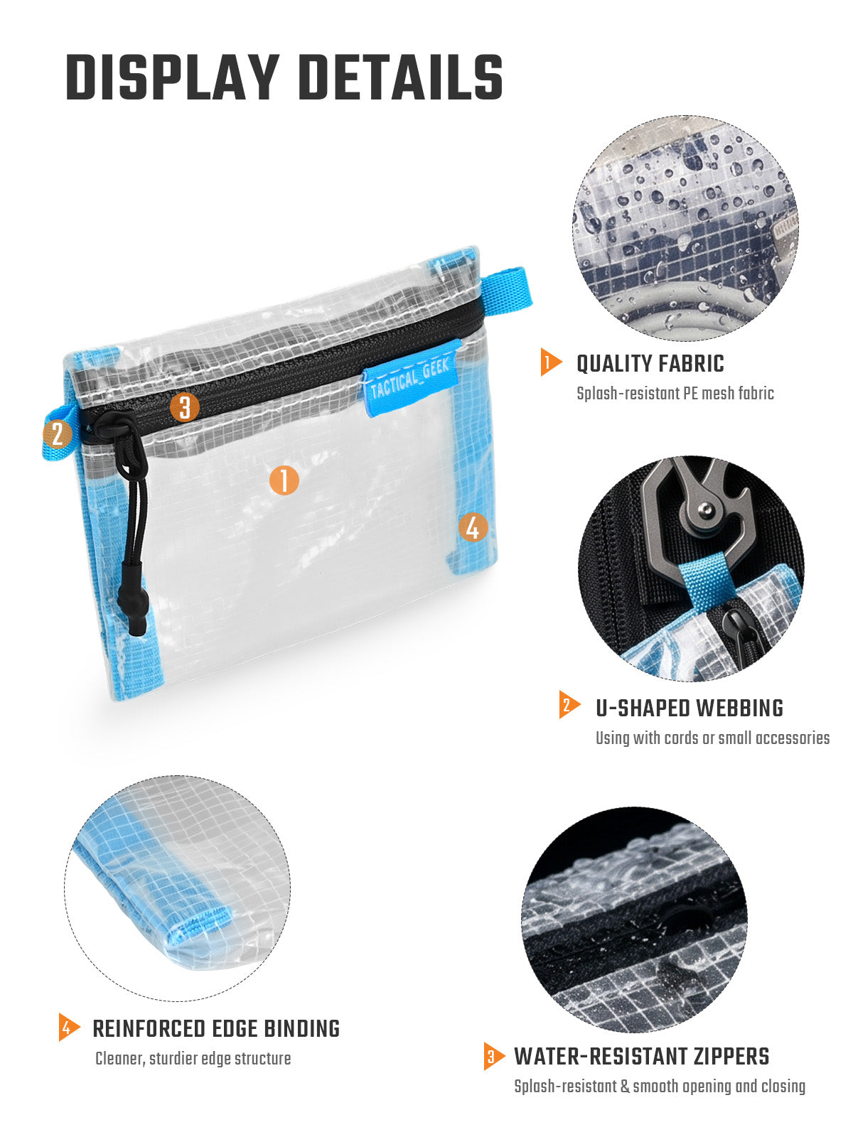 HS6 clear mini coin pouch zipper, binding and fabric details