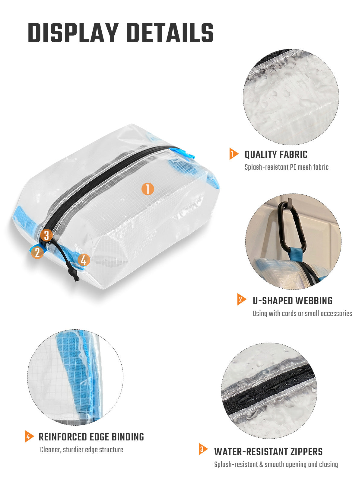 HS3 clear tissue holder pouch zipper, binding and fabric details