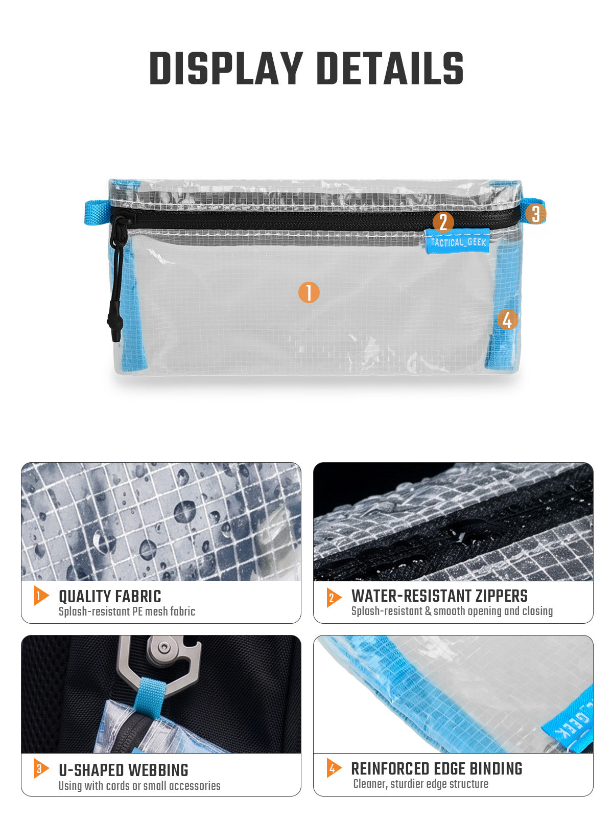 HS5 clear slim organizer pouch zipper, binding and fabric details