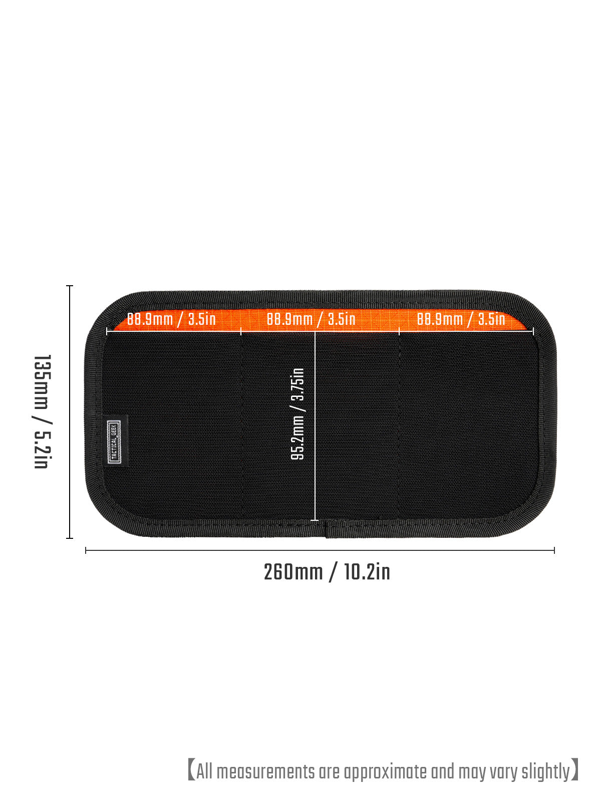 TCM13 organizer board with orange trim dimensions and pocket widths