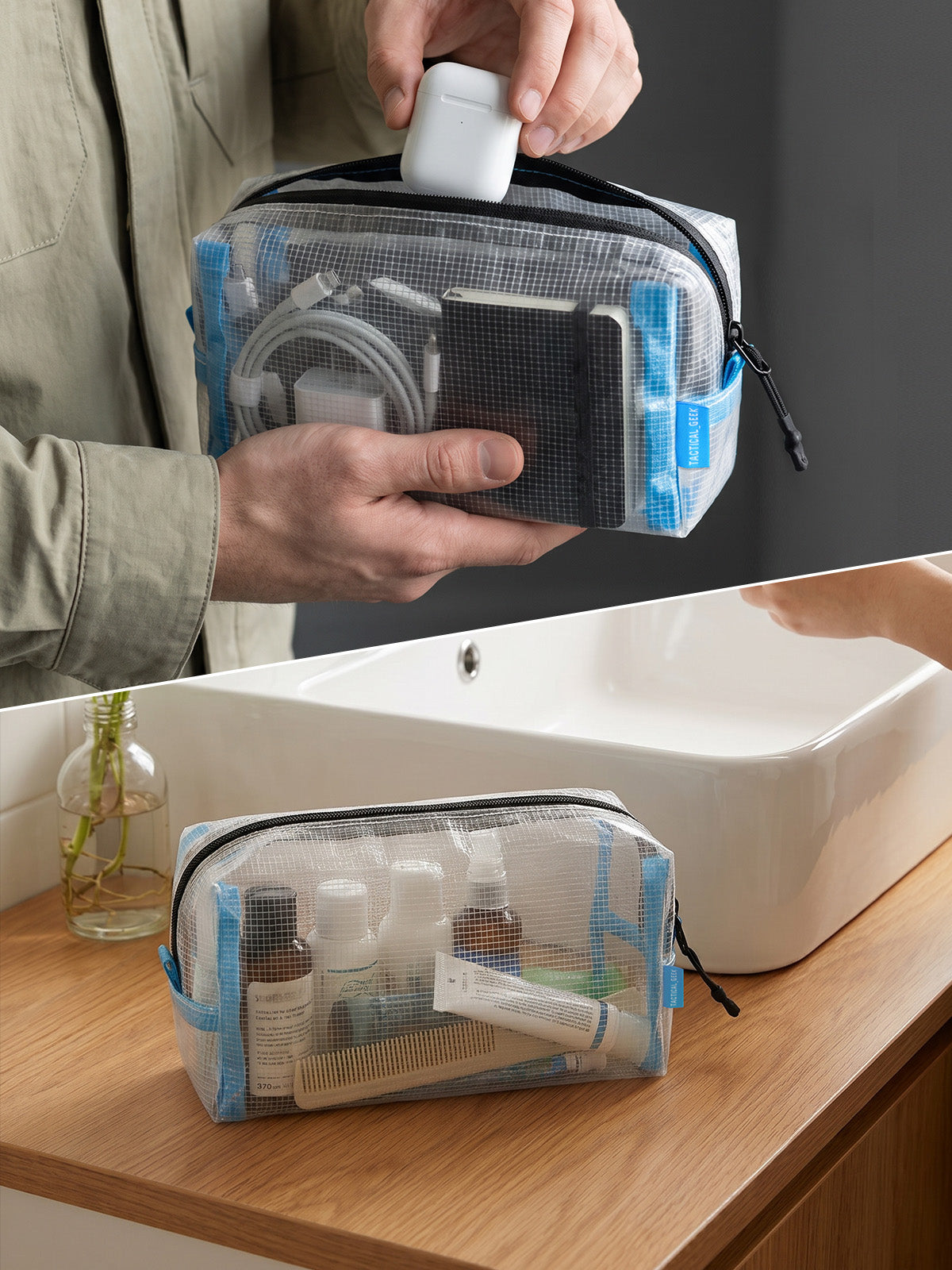 HS4 clear electronics organizer pouch used beside a sink