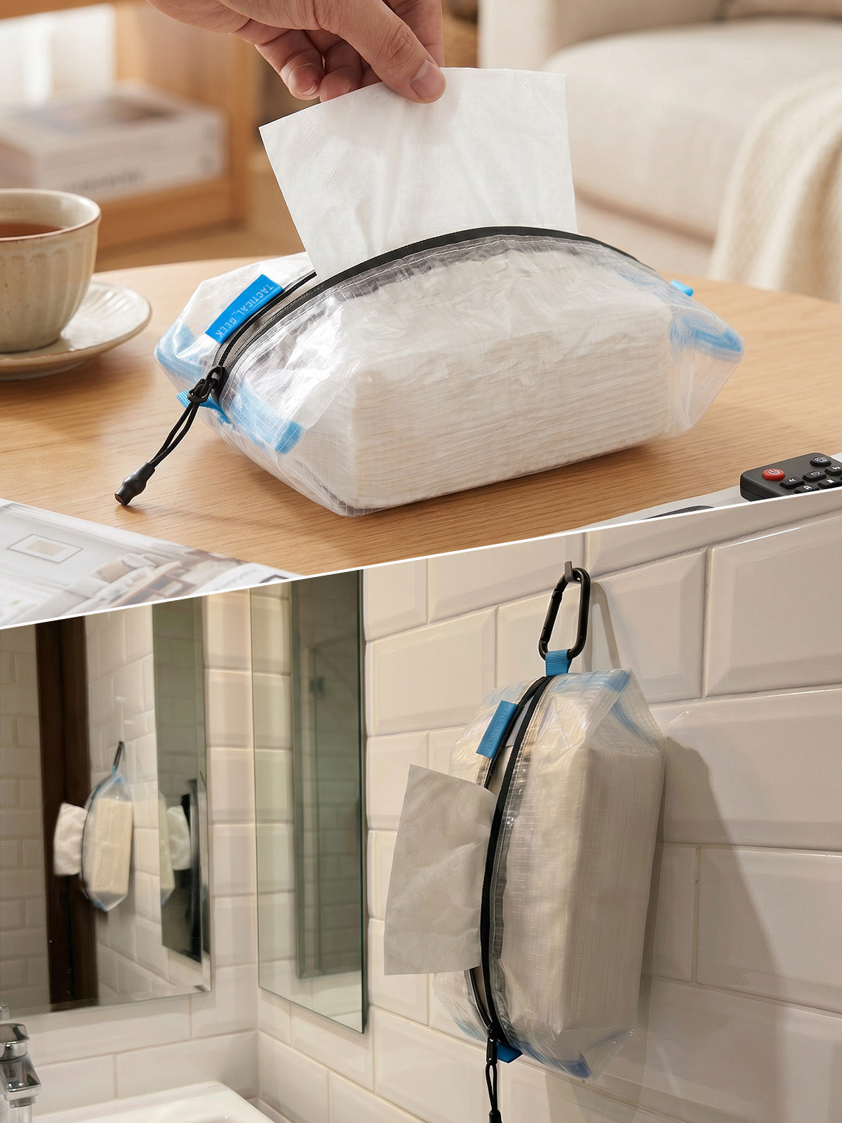 HS3 clear tissue holder pouch used on a table and hung from a bathroom hook