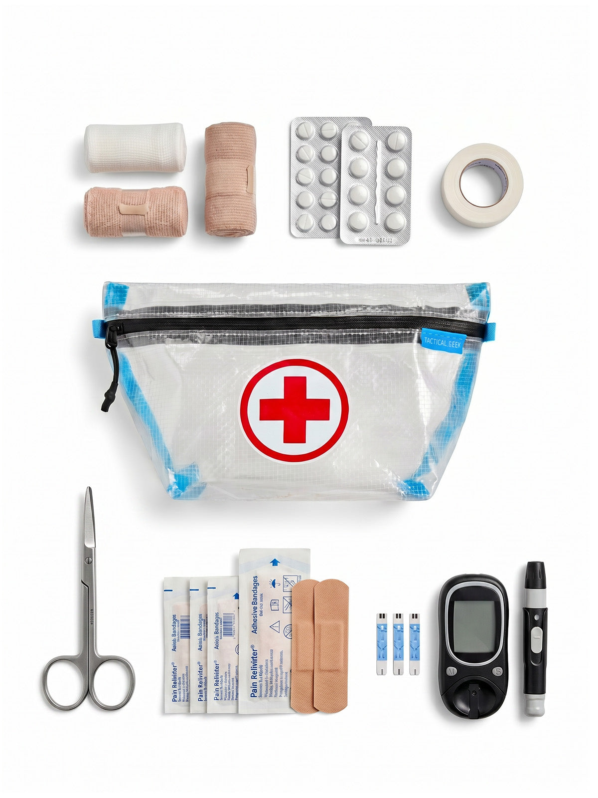 HS2 clear first aid organizer pouch with organized first aid contents