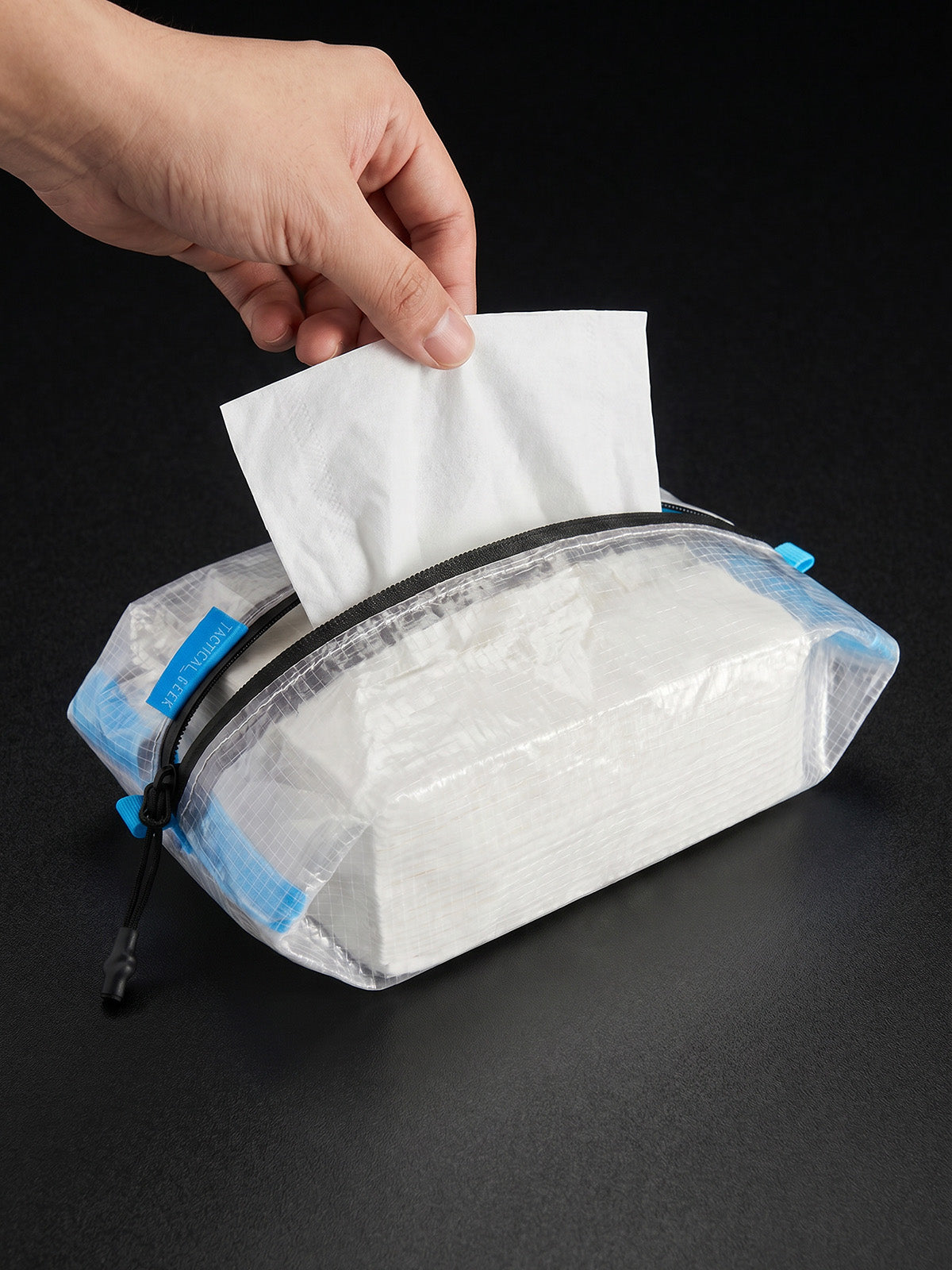 HS3 clear tissue holder pouch dispensing a tissue