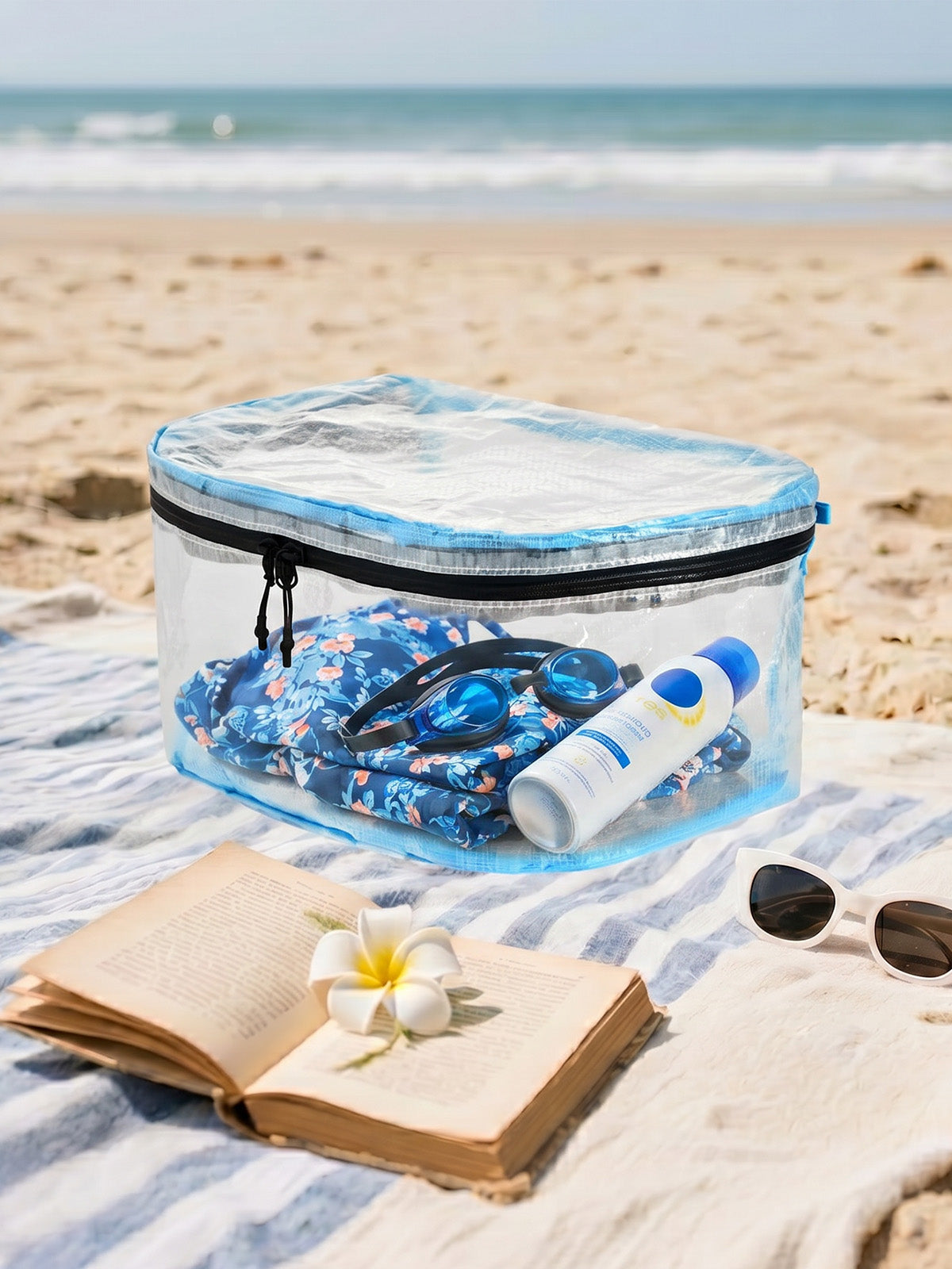 HS1 clear packing cube holding beach and swimming essentials