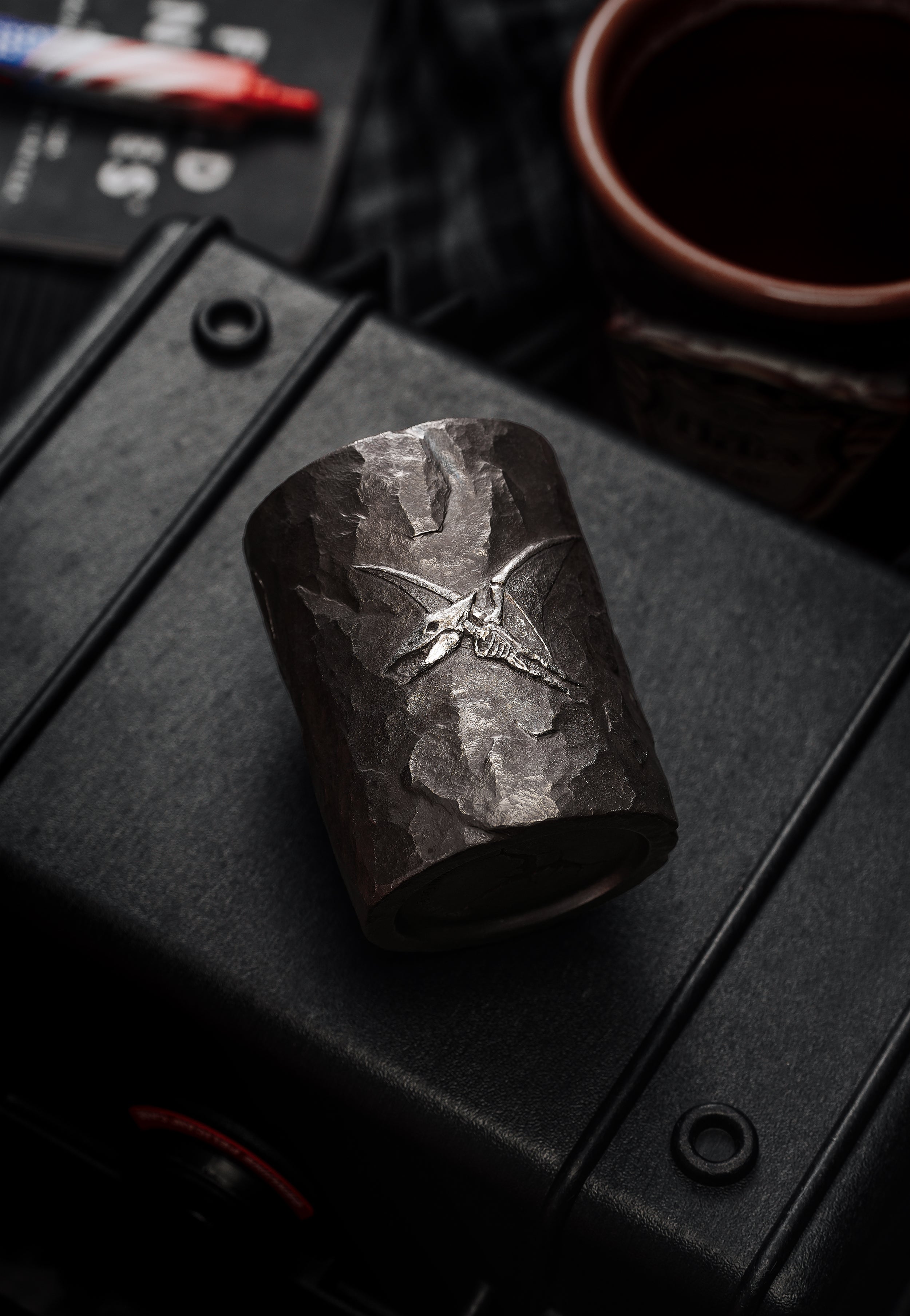 TacticalGeek x Sunizumi One-Off Hand-Carved Titanium Sake Cup: "Stone-Texture Pterosaur"-2