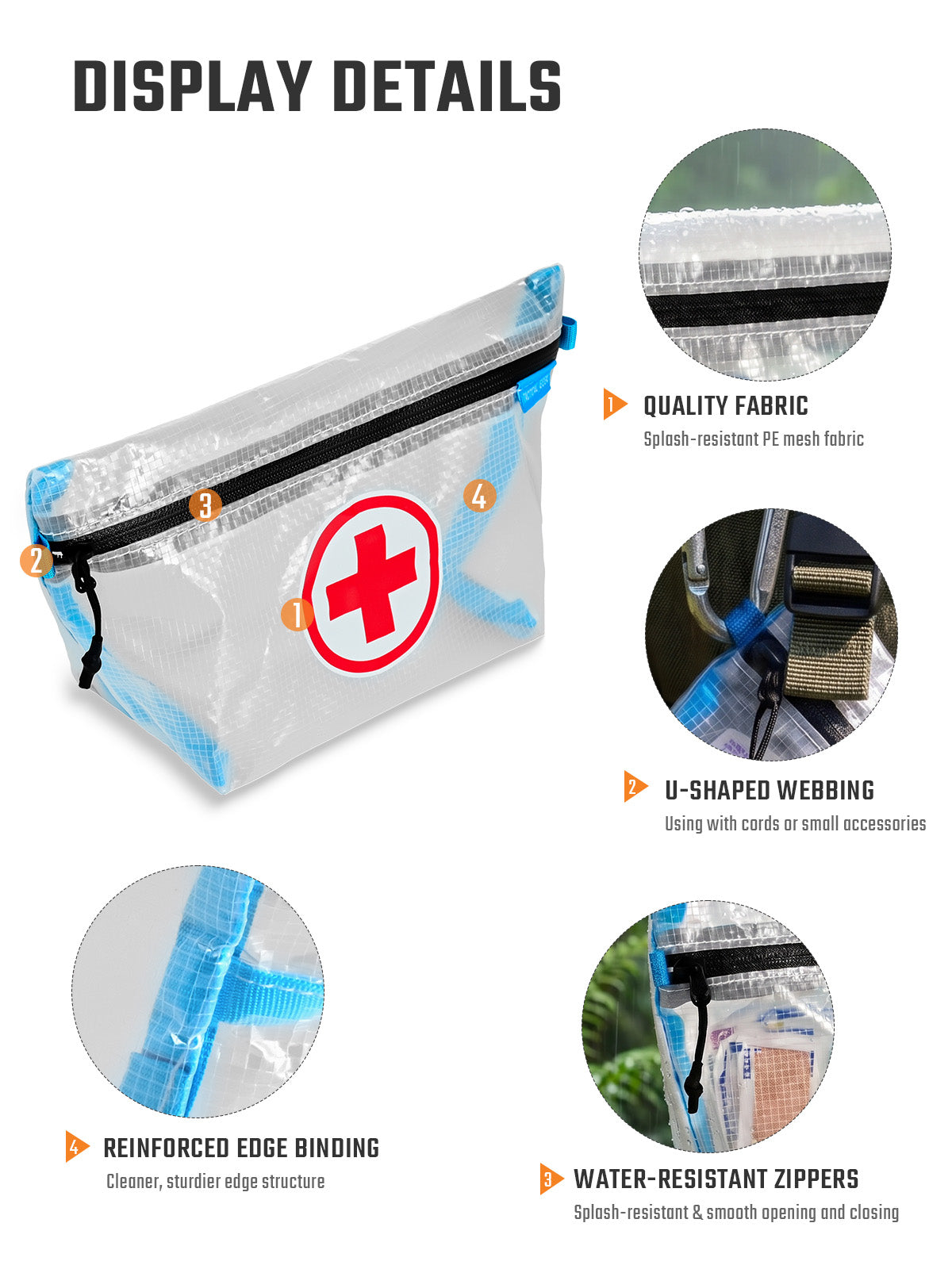 HS2 clear first aid organizer pouch zipper, binding and fabric details