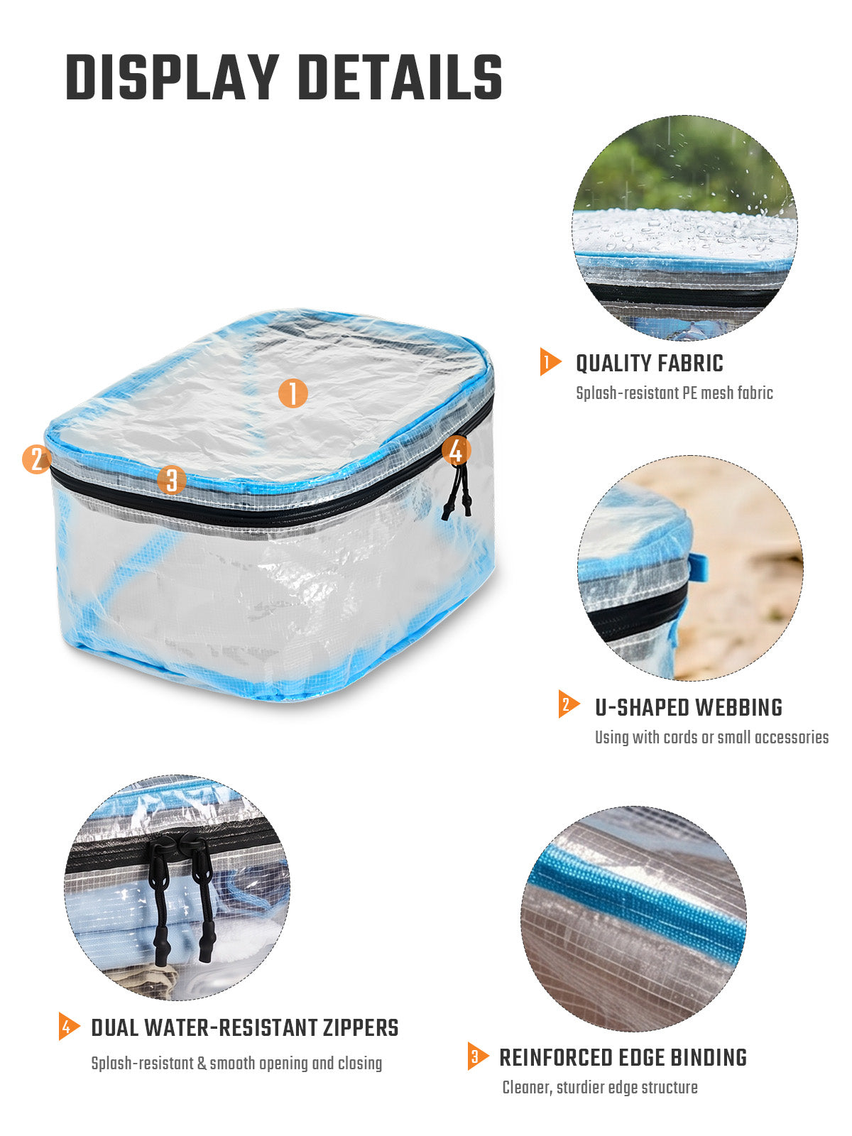 HS1 clear packing cube zipper, binding and fabric details
