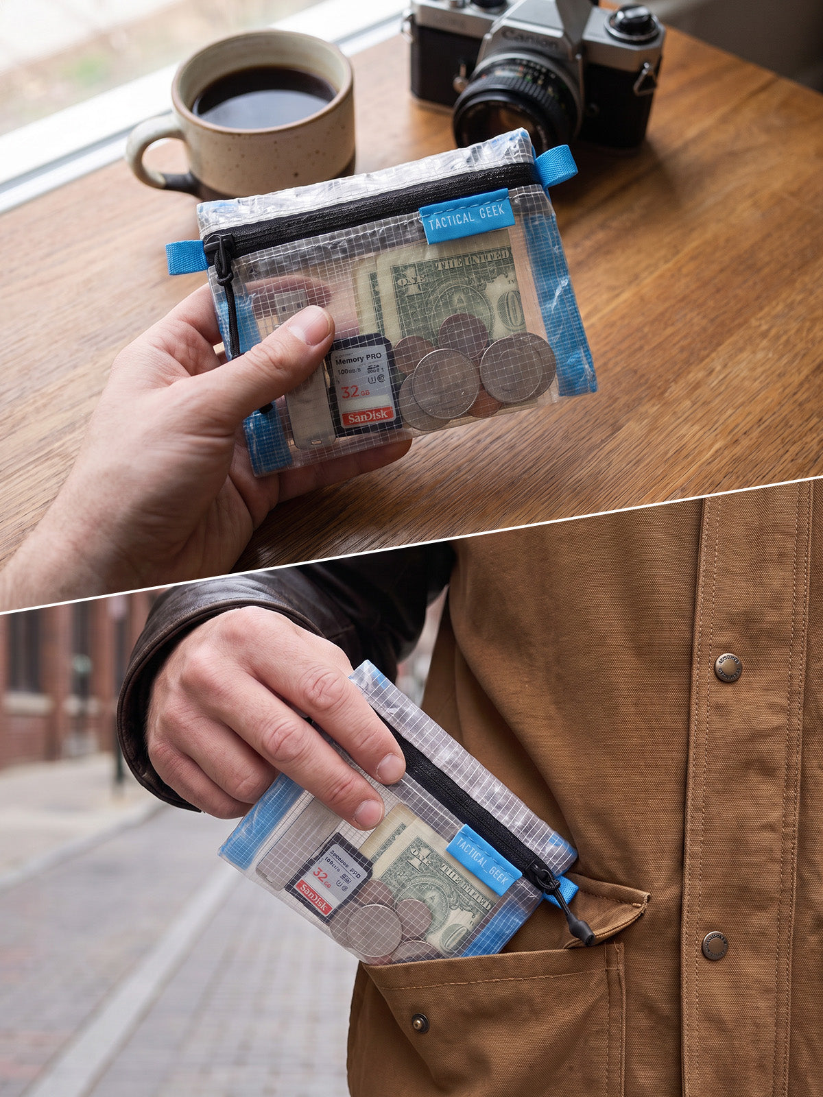 HS6 clear mini coin pouch carried by hand and stored in a jacket pocket