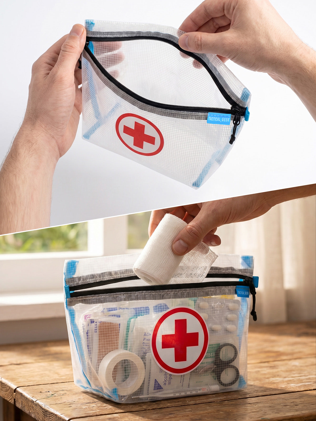 HS2 clear first aid organizer pouch opened and loaded with first aid supplies