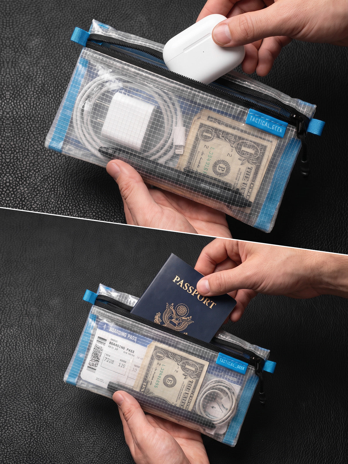 HS5 clear slim organizer pouch loaded with travel documents and accessories