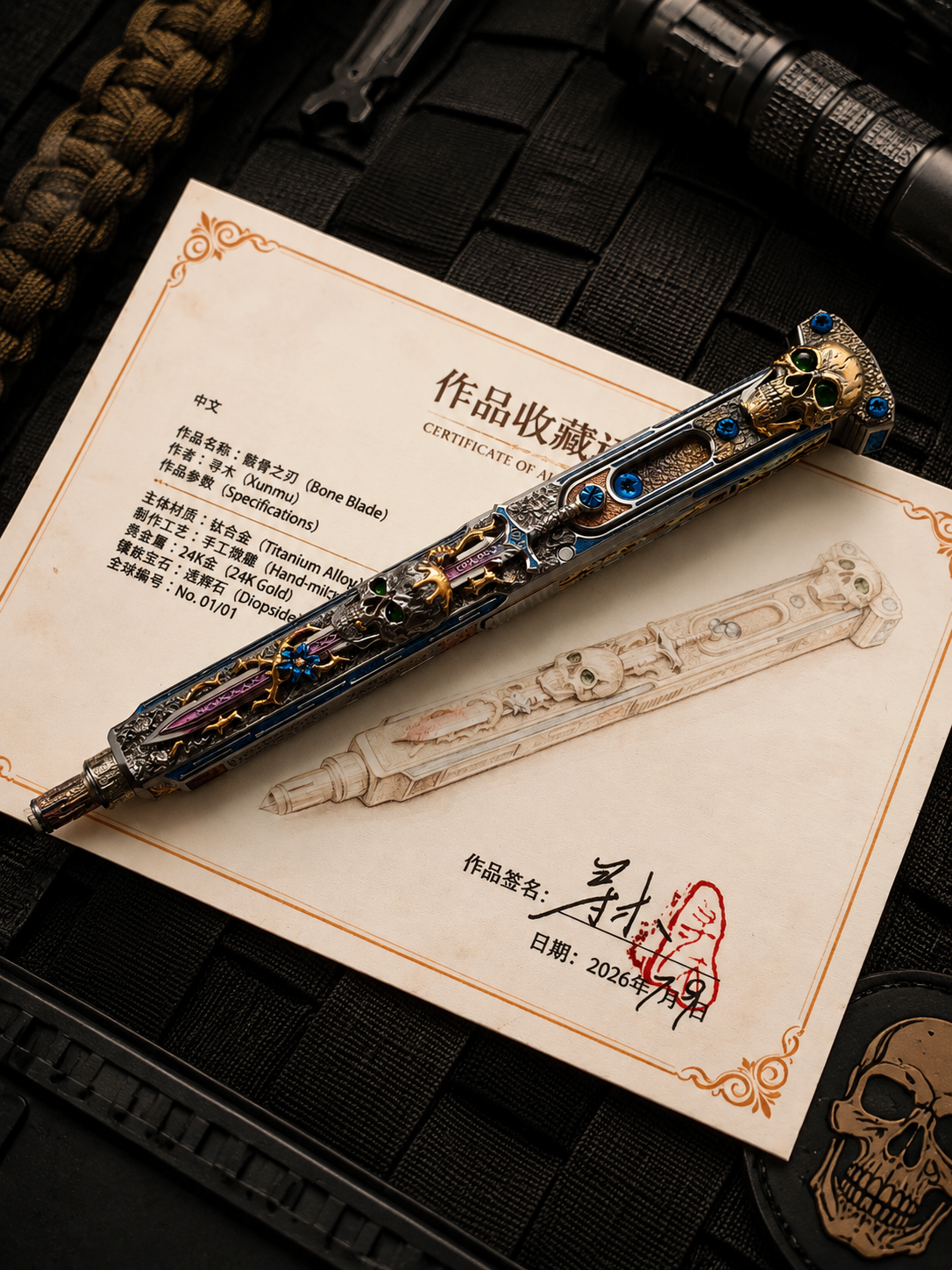 ONE-OFF "Blade of Bones" Artist Engraved EDC Pen by Xunmu｜TacticalGeek Exclusive
