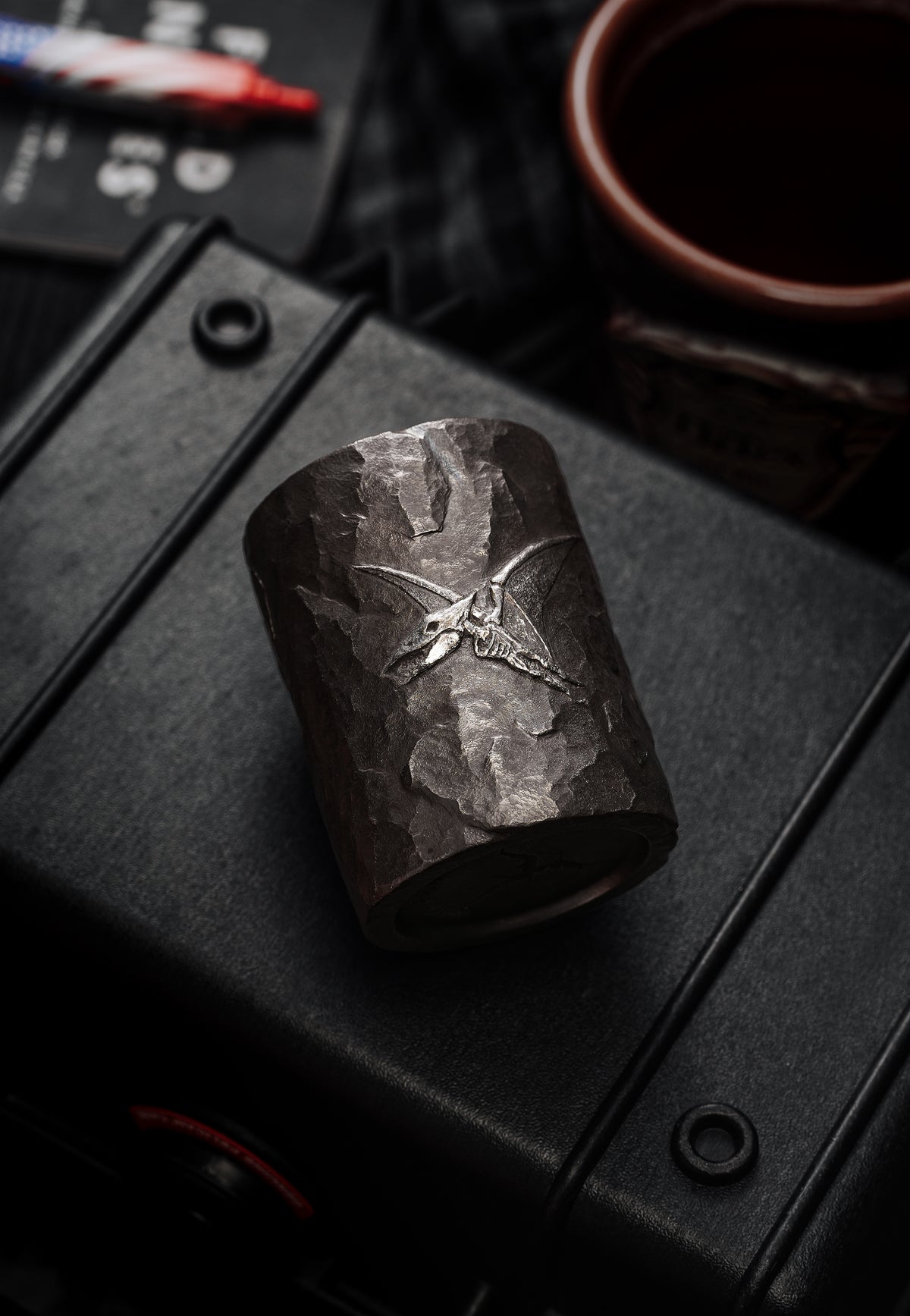 TacticalGeek x Sunizumi One-Off Hand-Carved Titanium Sake Cup: "Stone-Texture Pterosaur"-2