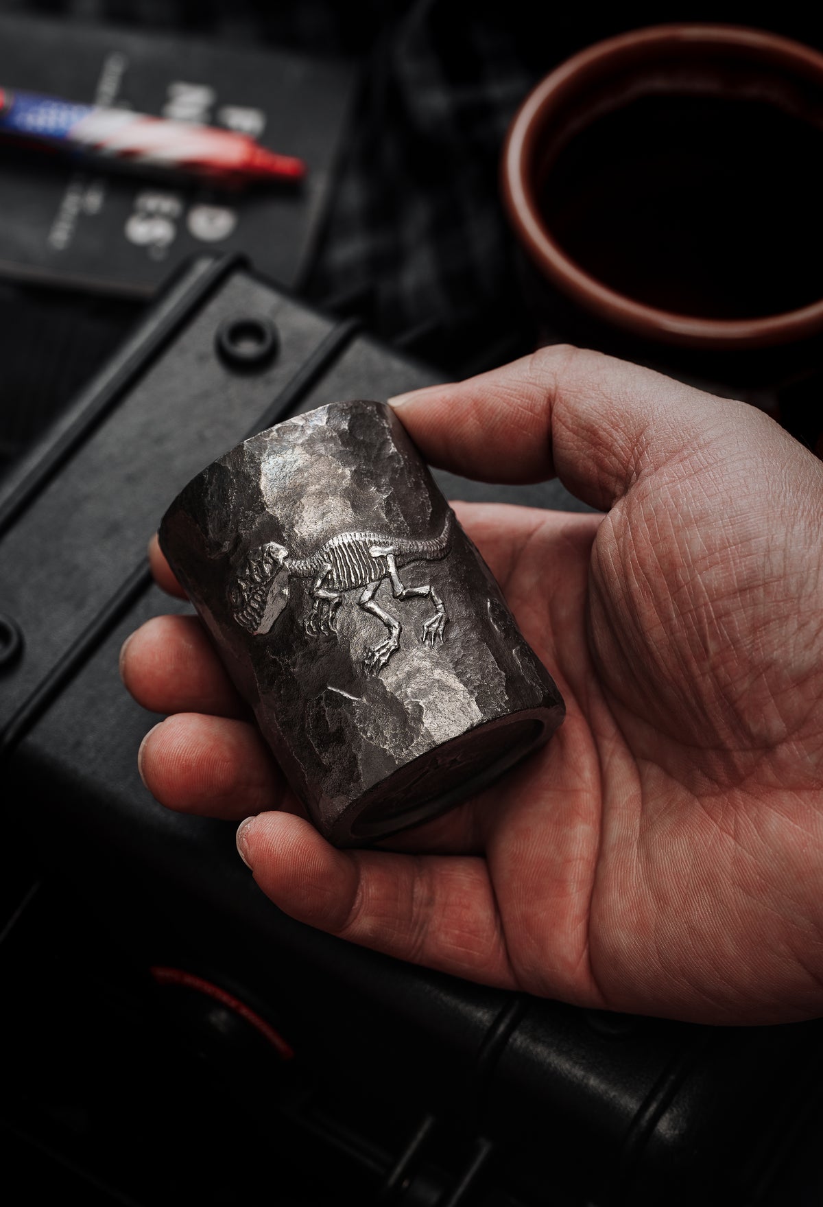 TacticalGeek x Sunizumi One-Off Hand-Carved Titanium Sake Cup: "Stone-Texture Tyrannosaurus-1