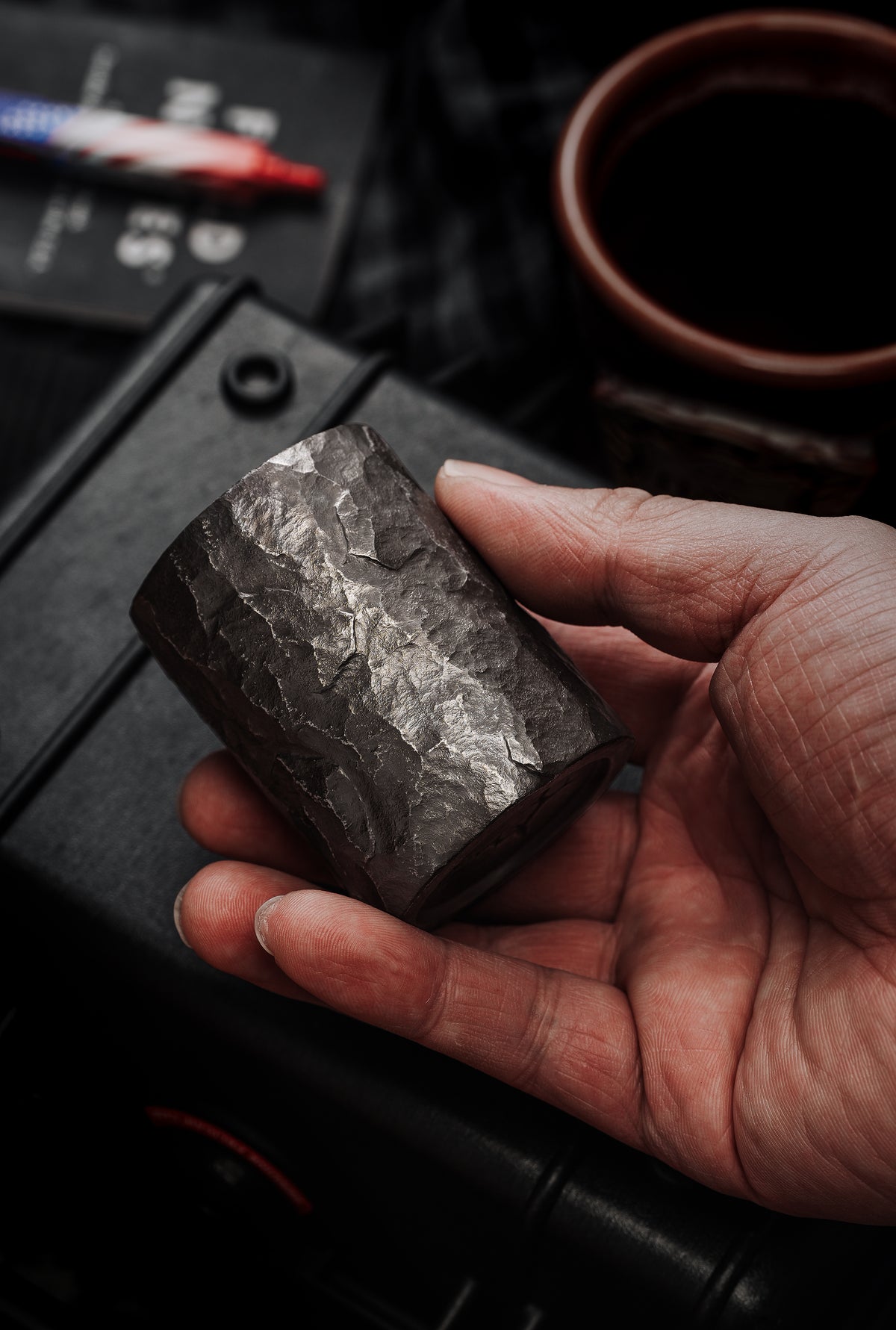 TacticalGeek x Sunizumi One-Off Hand-Carved Titanium Sake Cup: "Stone-Texture Tyrannosaurus-3