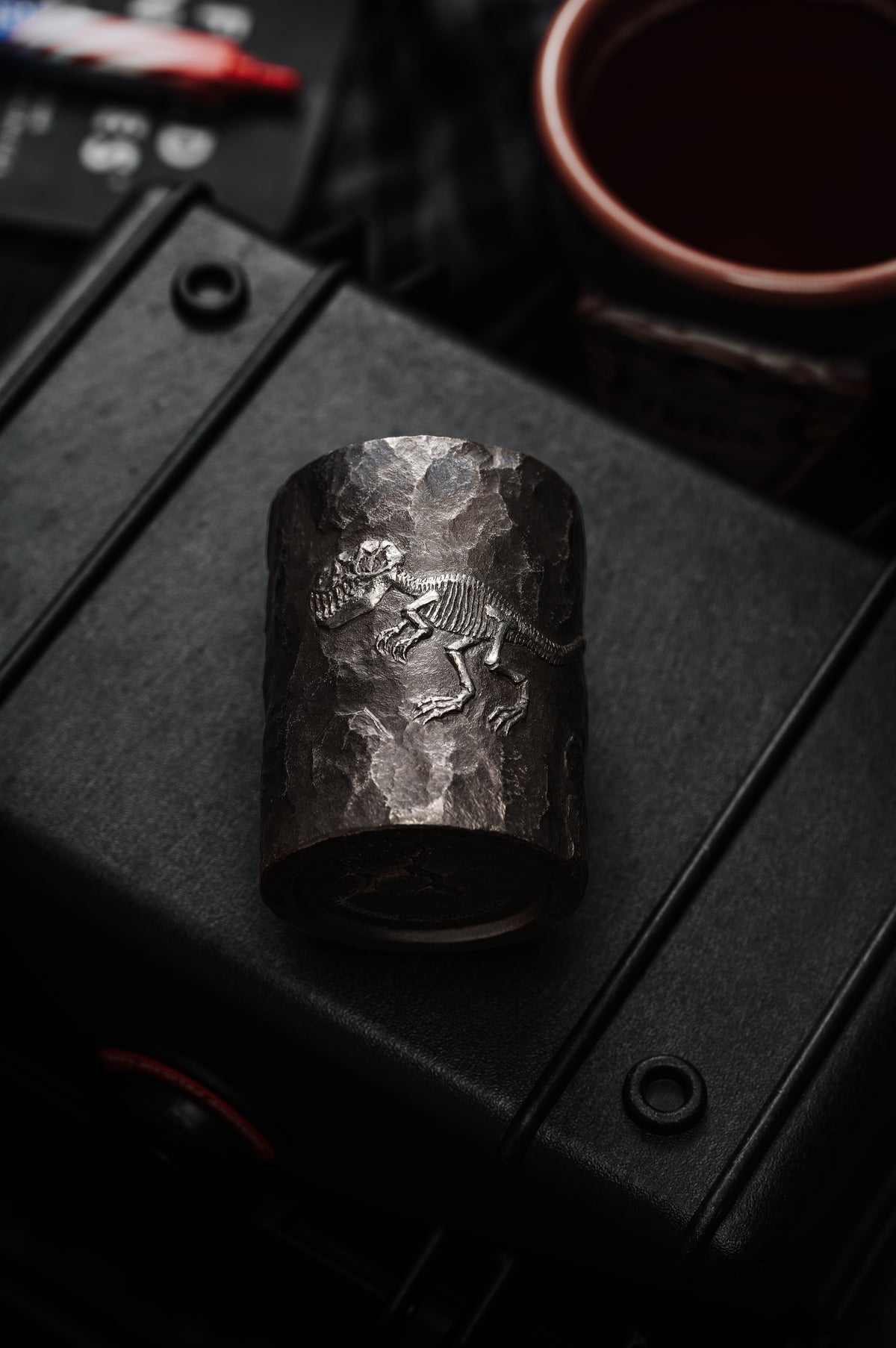 TacticalGeek x Sunizumi One-Off Hand-Carved Titanium Sake Cup: "Stone-Texture Tyrannosaurus-4