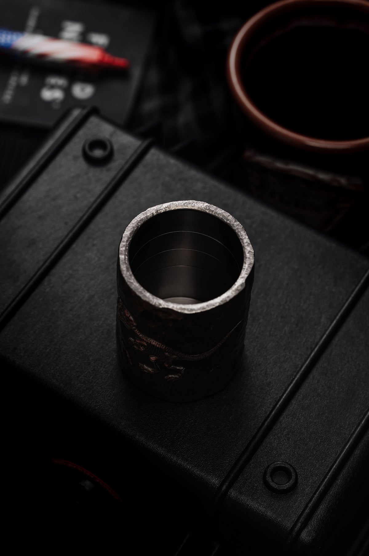 TacticalGeek x Sunizumi One-Off Hand-Carved Titanium Sake Cup: "Stone-Texture Tyrannosaurus-6